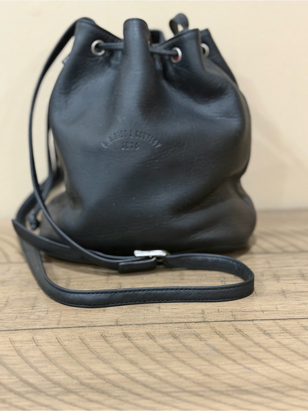 Claridge & Coffin Black Leather Drawstring Crossbody Bag